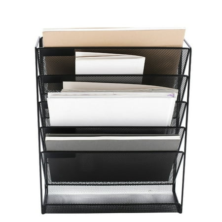 Document and Magazine Sorter by Amarcado Black Mesh 5 Tray Compartments Wall Mounted File Holder Includes 2 Free Matching Paperclip Pots Letter Hanging Cubicle Mail Organizer Literature
